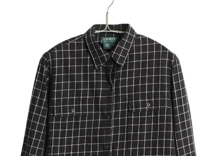 90s LAUREN ラルフローレン チェック 長袖 シャツ レディース L 黒 古着 オールド ポロ コットン ブラウス ポケット付き ツートン ブラック