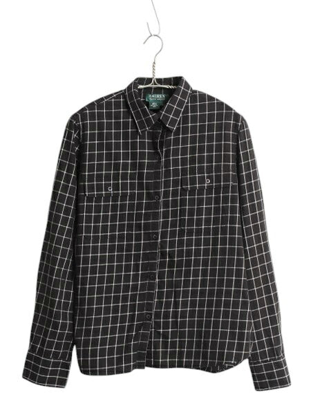 90s LAUREN ラルフローレン チェック 長袖 シャツ レディース L 黒 古着 オールド ポロ コットン ブラウス ポケット付き ツートン ブラック