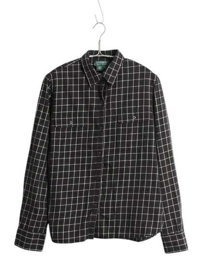 90s LAUREN ラルフローレン チェック 長袖 シャツ レディース L 黒 古着 オールド ポロ コットン ブラウス ポケット付き ツートン ブラック