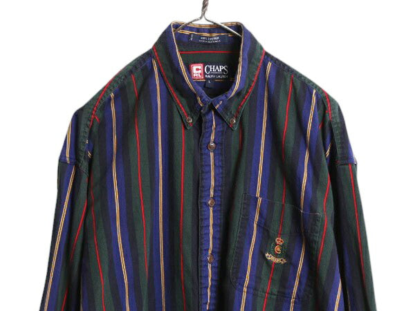 90s チャップス ラルフローレン ストライプ 長袖 ボタンダウン シャツ メンズ L / 古着 オールド ポロ コットン ポケット付き マルチカラー