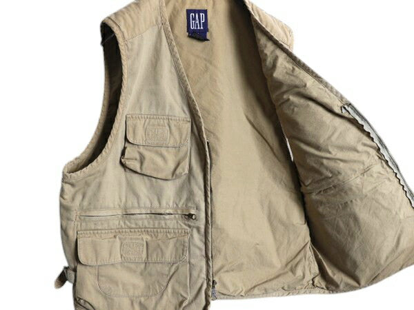90s OLD GAP サファリ ベスト メンズ M 古着 90年代 オールド ギャップ 紺タグ フルジップ コットン ハンティング フィッシング アウトドア
