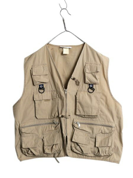 90s コロンビア フィッシング ベスト メンズ XL / オールド Columbia PFG フルジップ アウトドア 重ね着 ショート丈 ベージュ 大きいサイズ