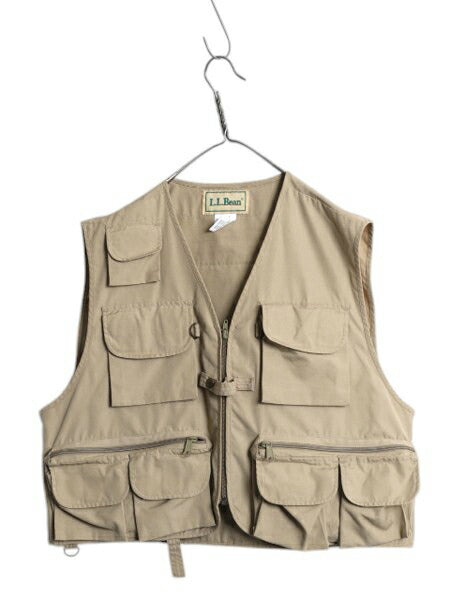 90s エルエルビーン フィッシング ベスト メンズ L 古着 オールド LLBEAN アウトドア ハンティング サファリ フルジップ 重ね着 ショート丈