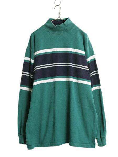 80s USA製 エルエルビーン モックネック ボーダー 長袖 Tシャツ メンズ レディース XL ヴィンテージ LLBEAN ロンT ラガーシャツ 素材 厚手