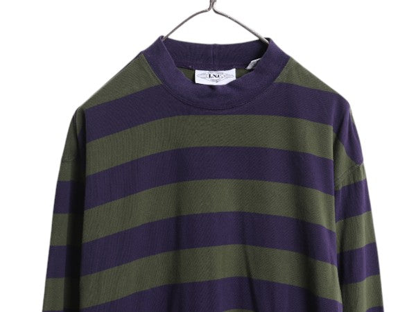 90s モックネック ワイド ボーダー 長袖 Tシャツ メンズ M オールド ロンT 100% コットン ハイネック ツートン ロングスリーブ カットソー