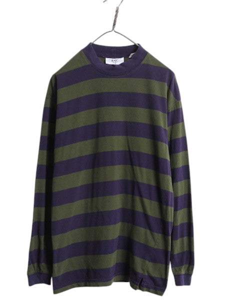 90s モックネック ワイド ボーダー 長袖 Tシャツ メンズ M オールド ロンT 100% コットン ハイネック ツートン ロングスリーブ カットソー