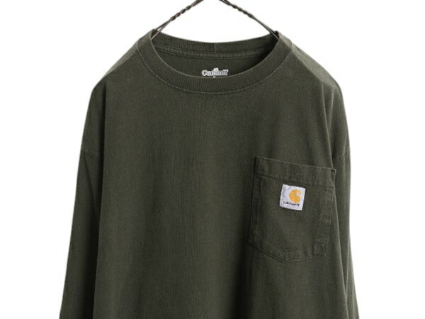 カーハート ポケット付き 長袖 Tシャツ メンズ L / ヘビーウェイト ロンT ポケT ロングスリーブ ワンポイント クルーネック モスグリーン