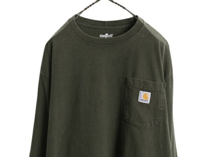 カーハート ポケット付き 長袖 Tシャツ メンズ L / ヘビーウェイト ロンT ポケT ロングスリーブ ワンポイント クルーネック モスグリーン