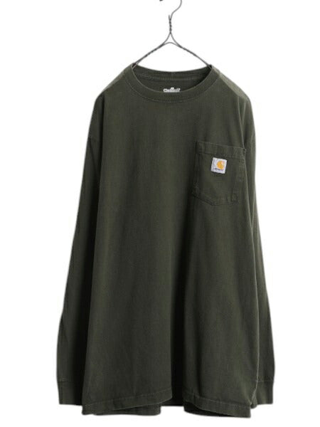 カーハート ポケット付き 長袖 Tシャツ メンズ L / ヘビーウェイト ロンT ポケT ロングスリーブ ワンポイント クルーネック モスグリーン