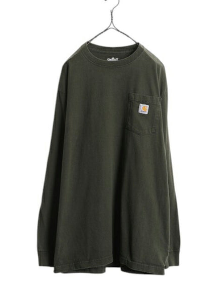 カーハート ポケット付き 長袖 Tシャツ メンズ L / ヘビーウェイト ロンT ポケT ロングスリーブ ワンポイント クルーネック モスグリーン
