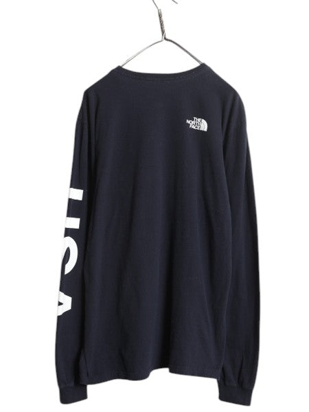 ノースフェイス 3面 プリント 長袖 Tシャツ メンズ L アウトドア ロンT 星条旗 USA ロングスリーブ クルーネック 袖プリント カットソー 紺