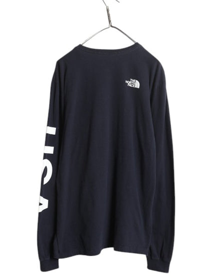 ノースフェイス 3面 プリント 長袖 Tシャツ メンズ L アウトドア ロンT 星条旗 USA ロングスリーブ クルーネック 袖プリント カットソー 紺