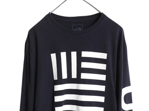 ノースフェイス 3面 プリント 長袖 Tシャツ メンズ L アウトドア ロンT 星条旗 USA ロングスリーブ クルーネック 袖プリント カットソー 紺