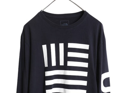 ノースフェイス 3面 プリント 長袖 Tシャツ メンズ L アウトドア ロンT 星条旗 USA ロングスリーブ クルーネック 袖プリント カットソー 紺