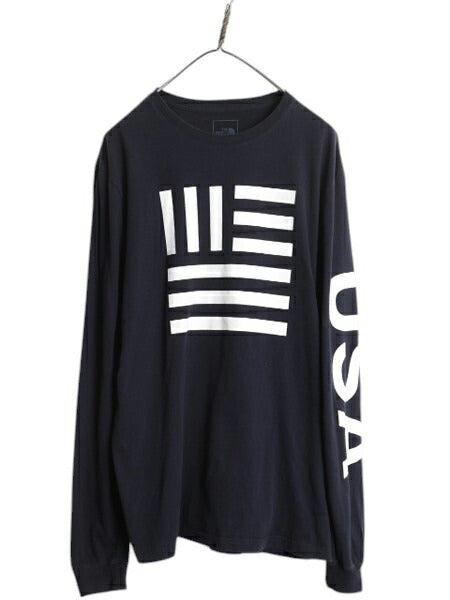 ノースフェイス 3面 プリント 長袖 Tシャツ メンズ L アウトドア ロンT 星条旗 USA ロングスリーブ クルーネック 袖プリント カットソー 紺