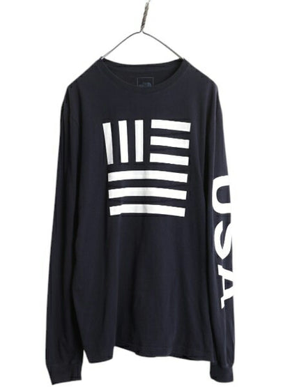 ノースフェイス 3面 プリント 長袖 Tシャツ メンズ L アウトドア ロンT 星条旗 USA ロングスリーブ クルーネック 袖プリント カットソー 紺