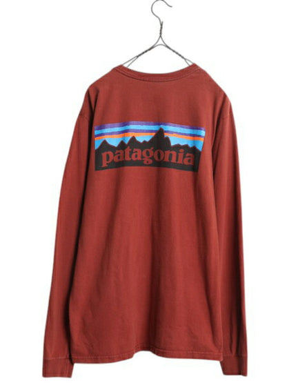 パタゴニア 両面 プリント 長袖 Tシャツ メンズ M 古着 アウトドア ロンT ロングスリーブ ロゴT  ボックスロゴ バックプリント テラコッタ