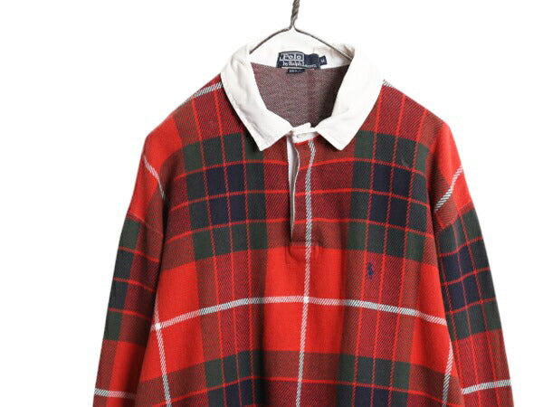 90s USA製 ポロ ラルフローレン チェック ラガーシャツ メンズ XL オールド ラグビー ポロシャツ ワンポイント 大きいサイズ マルチカラー