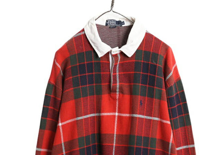 90s USA製 ポロ ラルフローレン チェック ラガーシャツ メンズ XL オールド ラグビー ポロシャツ ワンポイント 大きいサイズ マルチカラー