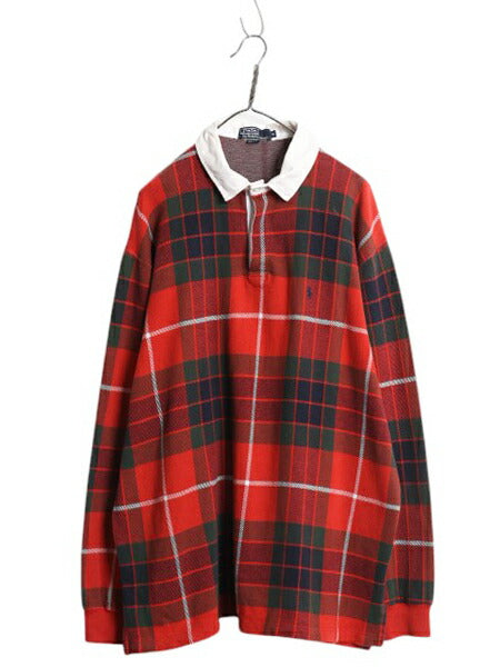 90s USA製 ポロ ラルフローレン チェック ラガーシャツ メンズ XL オールド ラグビー ポロシャツ ワンポイント 大きいサイズ マルチカラー