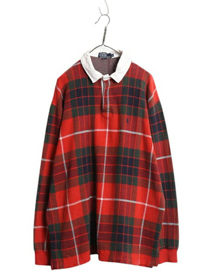 90s USA製 ポロ ラルフローレン チェック ラガーシャツ メンズ XL オールド ラグビー ポロシャツ ワンポイント 大きいサイズ マルチカラー