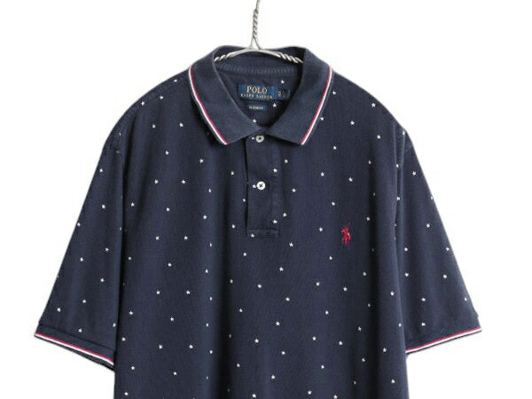 ポロ ラルフローレン スター 総柄 鹿の子 半袖 ポロシャツ メンズ XL / コットン 半袖シャツ モノグラム プリント 大きいサイズ 星条旗 紺