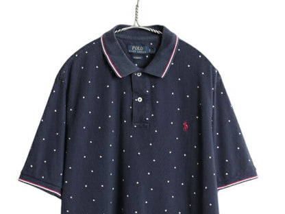 ポロ ラルフローレン スター 総柄 鹿の子 半袖 ポロシャツ メンズ XL / コットン 半袖シャツ モノグラム プリント 大きいサイズ 星条旗 紺