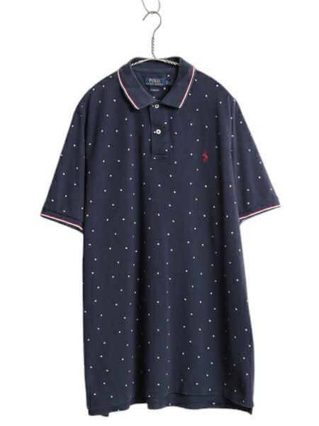 ポロ ラルフローレン スター 総柄 鹿の子 半袖 ポロシャツ メンズ XL / コットン 半袖シャツ モノグラム プリント 大きいサイズ 星条旗 紺