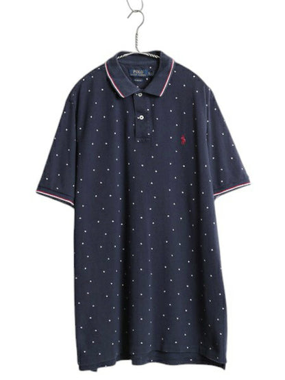 ポロ ラルフローレン スター 総柄 鹿の子 半袖 ポロシャツ メンズ XL / コットン 半袖シャツ モノグラム プリント 大きいサイズ 星条旗 紺