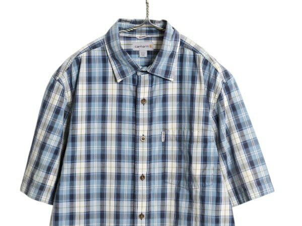 US企画 カーハート チェック 半袖 シャツ メンズ L / ワーク ポケット付き コットン ポプリン マルチカラー ワンポイント ゆったり 廃盤 青