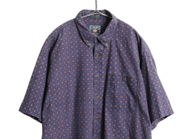 80s USA製 チャップス ラルフローレン 総柄 半袖 ボタンダウン シャツ メンズ XL ヴィンテージ ポロ コットン 大きいサイズ ポケット付き