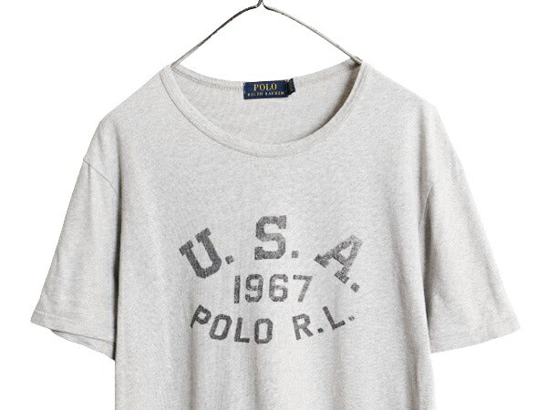 ポロ ラルフローレン 3段 プリント 半袖 Tシャツ メンズ XL 古着 コットン シングルステッチ クルーネック カットソー 霜降り グレー 杢 灰