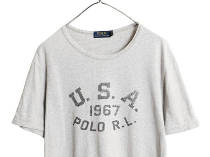 ポロ ラルフローレン 3段 プリント 半袖 Tシャツ メンズ XL 古着 コットン シングルステッチ クルーネック カットソー 霜降り グレー 杢 灰