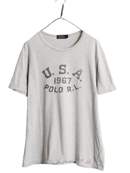 ポロ ラルフローレン 3段 プリント 半袖 Tシャツ メンズ XL 古着 コットン シングルステッチ クルーネック カットソー 霜降り グレー 杢 灰