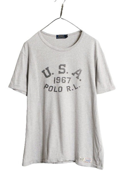 ポロ ラルフローレン 3段 プリント 半袖 Tシャツ メンズ XL 古着 コットン シングルステッチ クルーネック カットソー 霜降り グレー 杢 灰