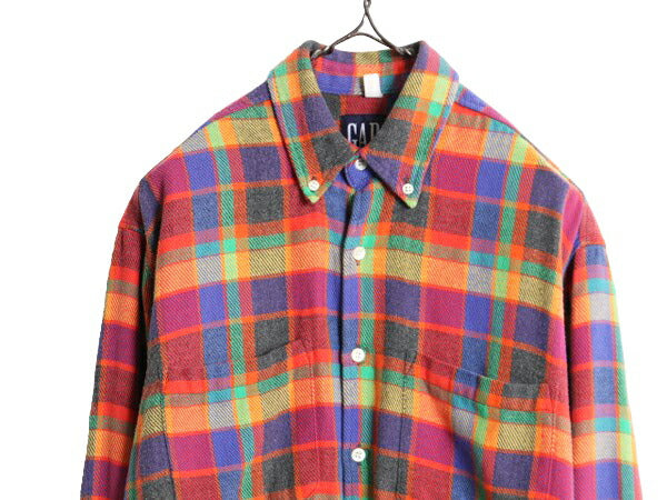 90s OLD GAP チェック ボタンダウン フランネル シャツ メンズ M 程/ 古着 90年代 オールド ギャップ 長袖シャツ ポケット付き ネルシャツ