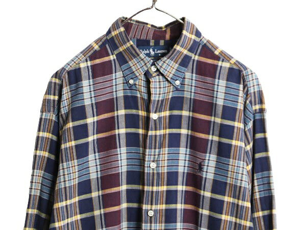 90s ラルフローレン チェック 3点留め 長袖 ボタンダウン シャツ メンズ L 古着 90年代 オールド ポロ 長袖シャツ マルチカラー ワイシャツ