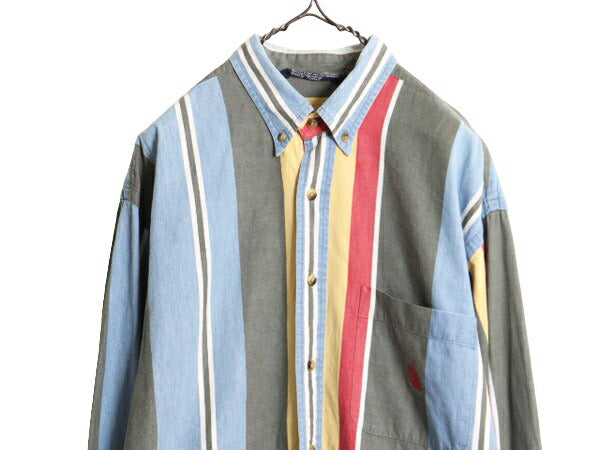 90s ノーティカ ストライプ 長袖 ボタンダウン シャツ メンズ L 90年代 オールド NAUTICA コットン 長袖シャツ ポケット付き マルチカラー