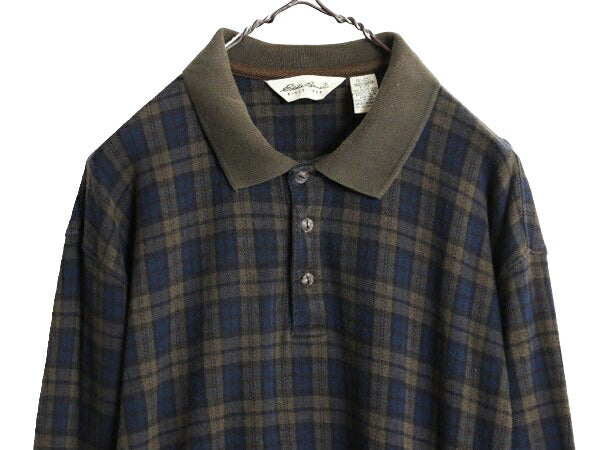 90s エディーバウアー チェック 長袖 ポロシャツ メンズ L 90年代 オールド Eddie Bauer ヘビーウェイト コットン ストレッチ マルチカラー