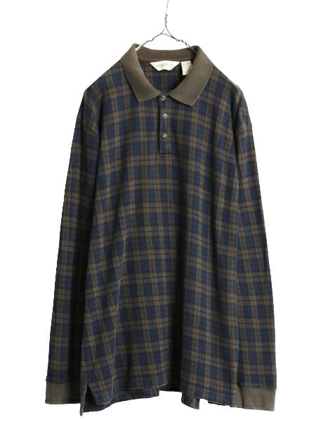 90s エディーバウアー チェック 長袖 ポロシャツ メンズ L 90年代 オールド Eddie Bauer ヘビーウェイト コットン ストレッチ マルチカラー