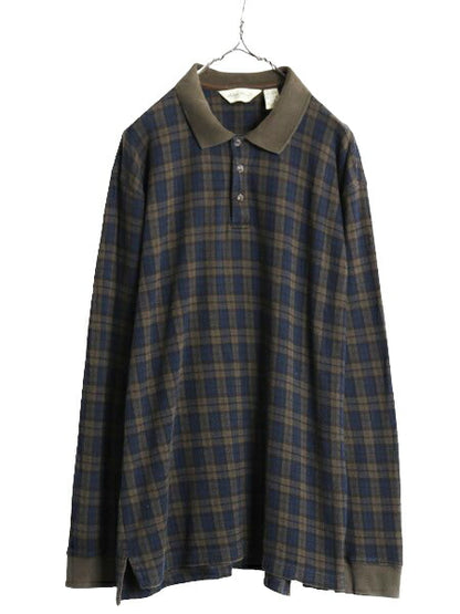 90s エディーバウアー チェック 長袖 ポロシャツ メンズ L 90年代 オールド Eddie Bauer ヘビーウェイト コットン ストレッチ マルチカラー