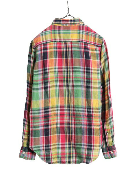 LAUREN ラルフローレン チェック 長袖 シャツ レディース M 程/ 古着 ポロ 長袖シャツ リネン ブラウス 麻 ポケット付き マルチカラー 薄手