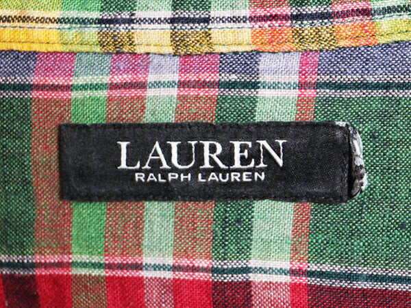 LAUREN ラルフローレン チェック 長袖 シャツ レディース M 程/ 古着 ポロ 長袖シャツ リネン ブラウス 麻 ポケット付き マルチカラー 薄手