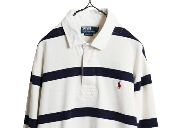 90s ポロ ラルフローレン ボーダー スウェット ラガーシャツ メンズ XL 古着 オールド 長袖シャツ ラグビー ワンポイント 裏起毛 スエット