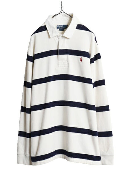 90s ポロ ラルフローレン ボーダー スウェット ラガーシャツ メンズ XL 古着 オールド 長袖シャツ ラグビー ワンポイント 裏起毛 スエット