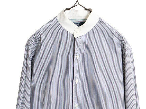 90s ポロ ラルフローレン ストライプ 長袖 バンドカラー シャツ メンズ S / オールド 長袖シャツ ノーカラー マチ付き コットン クレリック