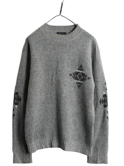 ペンドルトン ネイティブ 総柄 ウール ニット セーター メンズ S 古着 PENDLETON ミドルゲージ モックネック デザイン ハイネック グレー