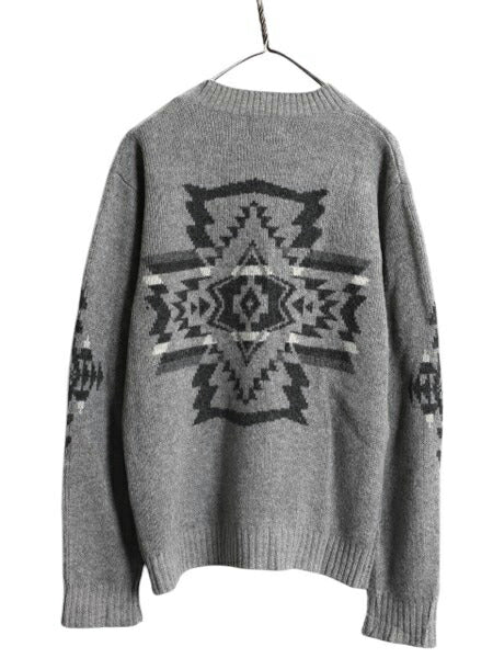ペンドルトン ネイティブ 総柄 ウール ニット セーター メンズ S 古着 PENDLETON ミドルゲージ モックネック デザイン ハイネック グレー
