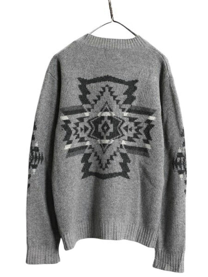 ペンドルトン ネイティブ 総柄 ウール ニット セーター メンズ S 古着 PENDLETON ミドルゲージ モックネック デザイン ハイネック グレー