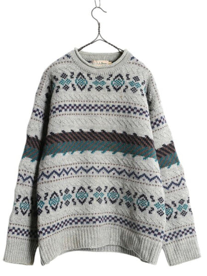 80s エルエルビーン ロールネック ウール ニット セーター メンズ L / 古着 ヴィンテージ LLBEAN フェアアイル ノルディック 総柄 旧タグ